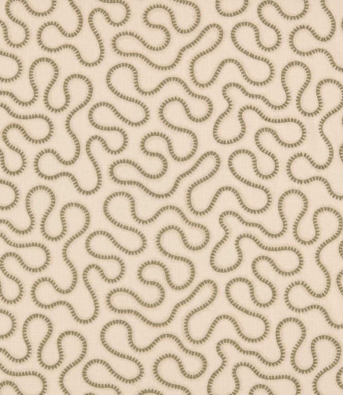 Orient Willow embroidered fabric with a flowing abstract pattern in soft olive green on a natural cream woven background.