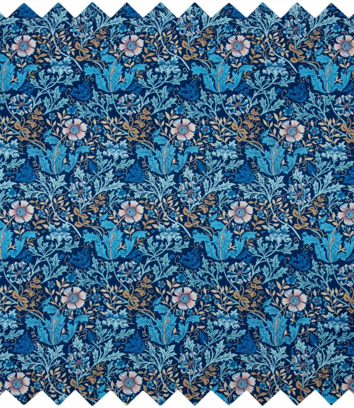Close-up of woodblock floral fabric with an intricate navy blue background, turquoise and blue foliage, soft pink flowers and trailing gold leaves.