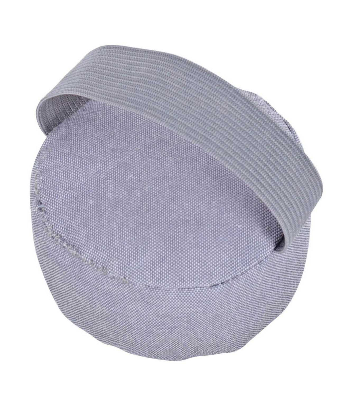 Grey fabric wrist pincushion with an elasticated wrist strap, shown from the back to display the padded circular cushion and wearable band.
