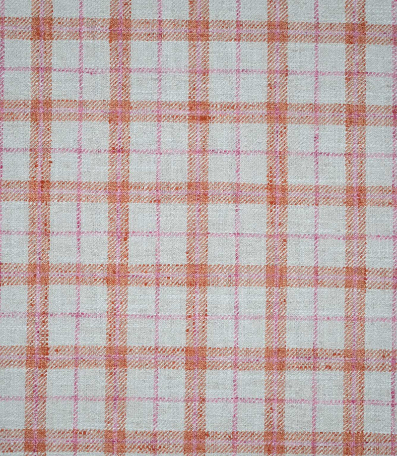 Painswick Check Russett fabric featuring a classic woven check pattern with warm russet orange and soft pink intersecting stripes on a natural cream background, creating a traditional country-inspired design.
