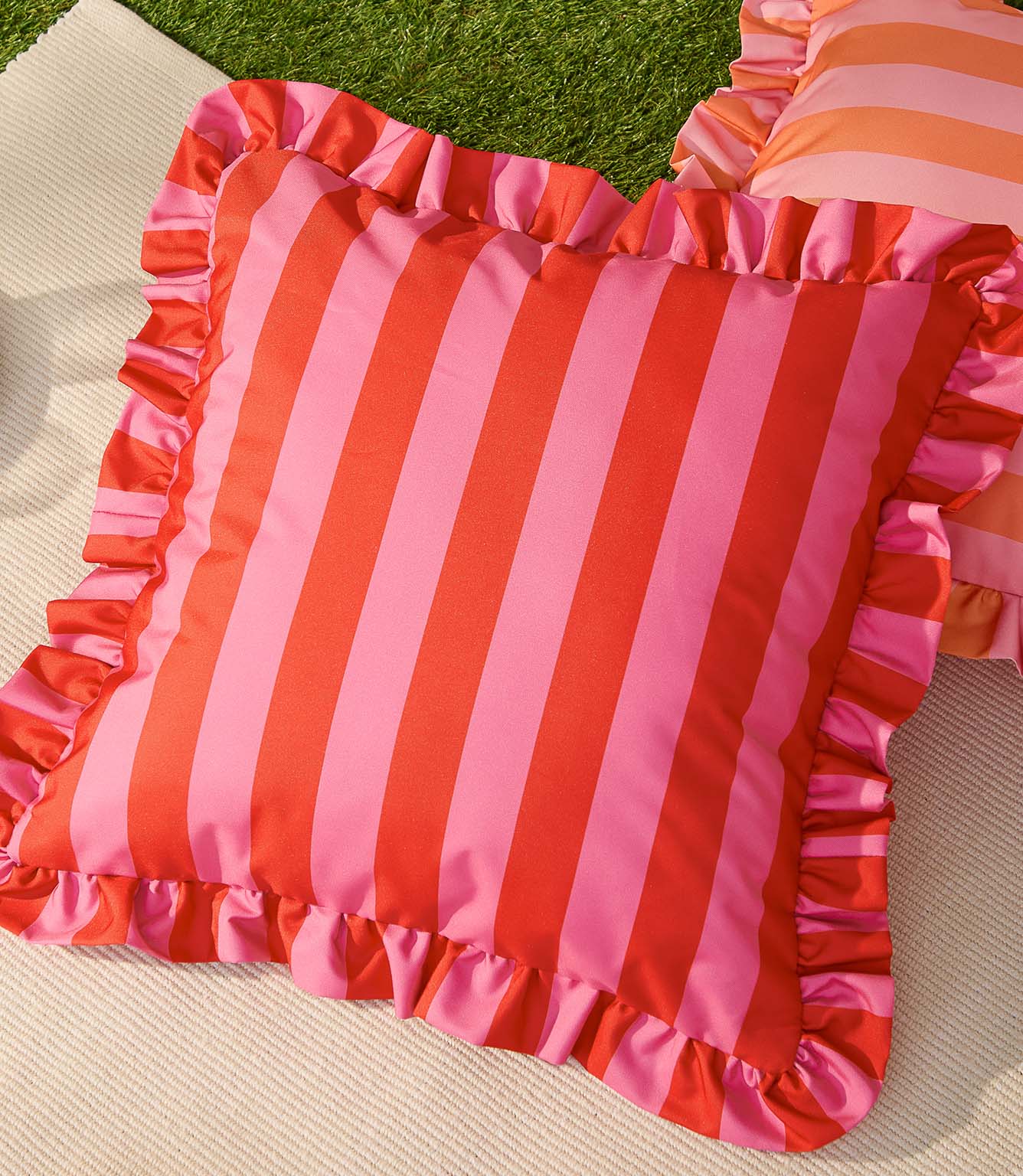 Palm Royale Stripe Ruffle Pink / Red Outdoor Cushion