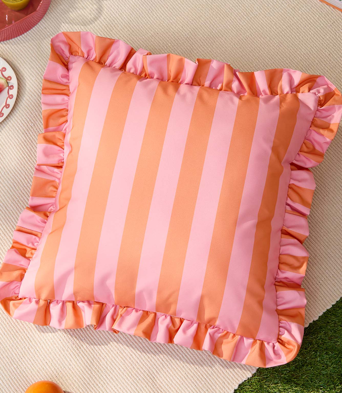 Palm Royale Stripe Ruffle Pink / Orange Outdoor Cushion