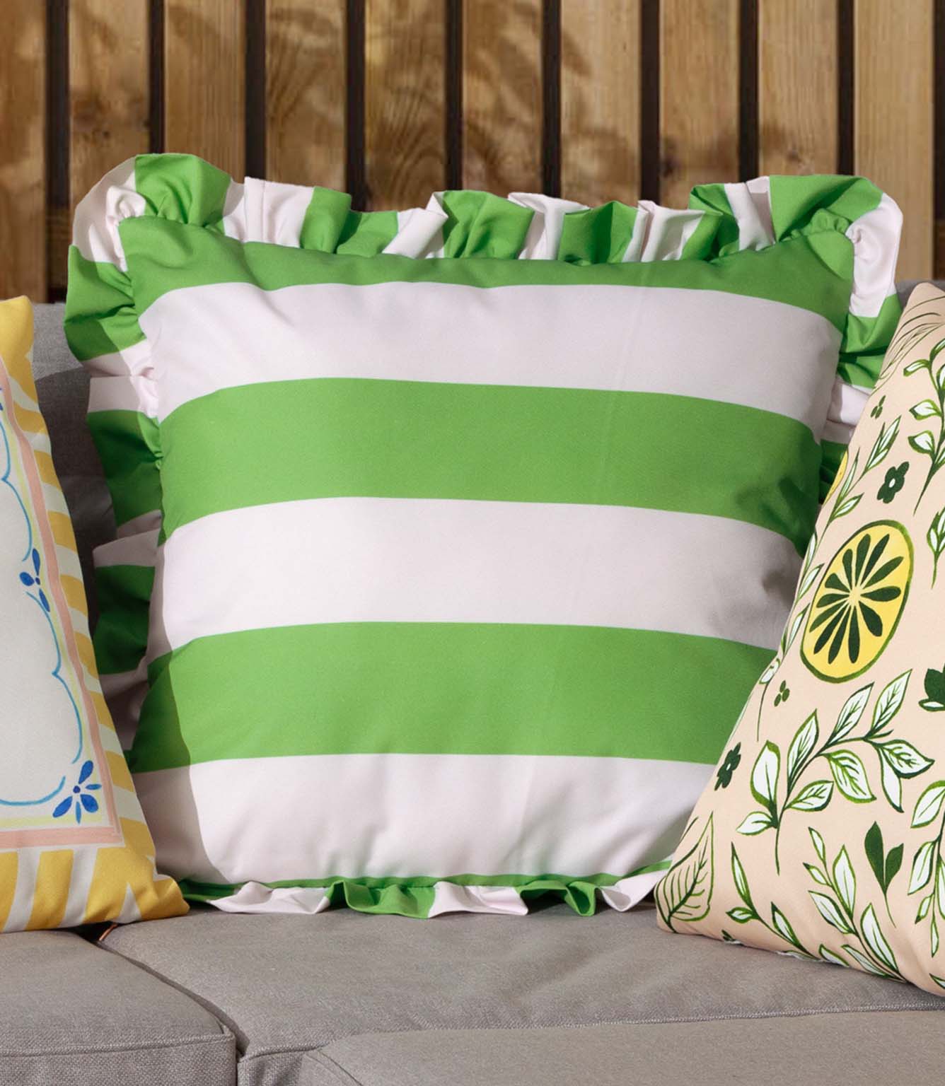 Palm Royale Stripe Ruffle Green Outdoor Cushion