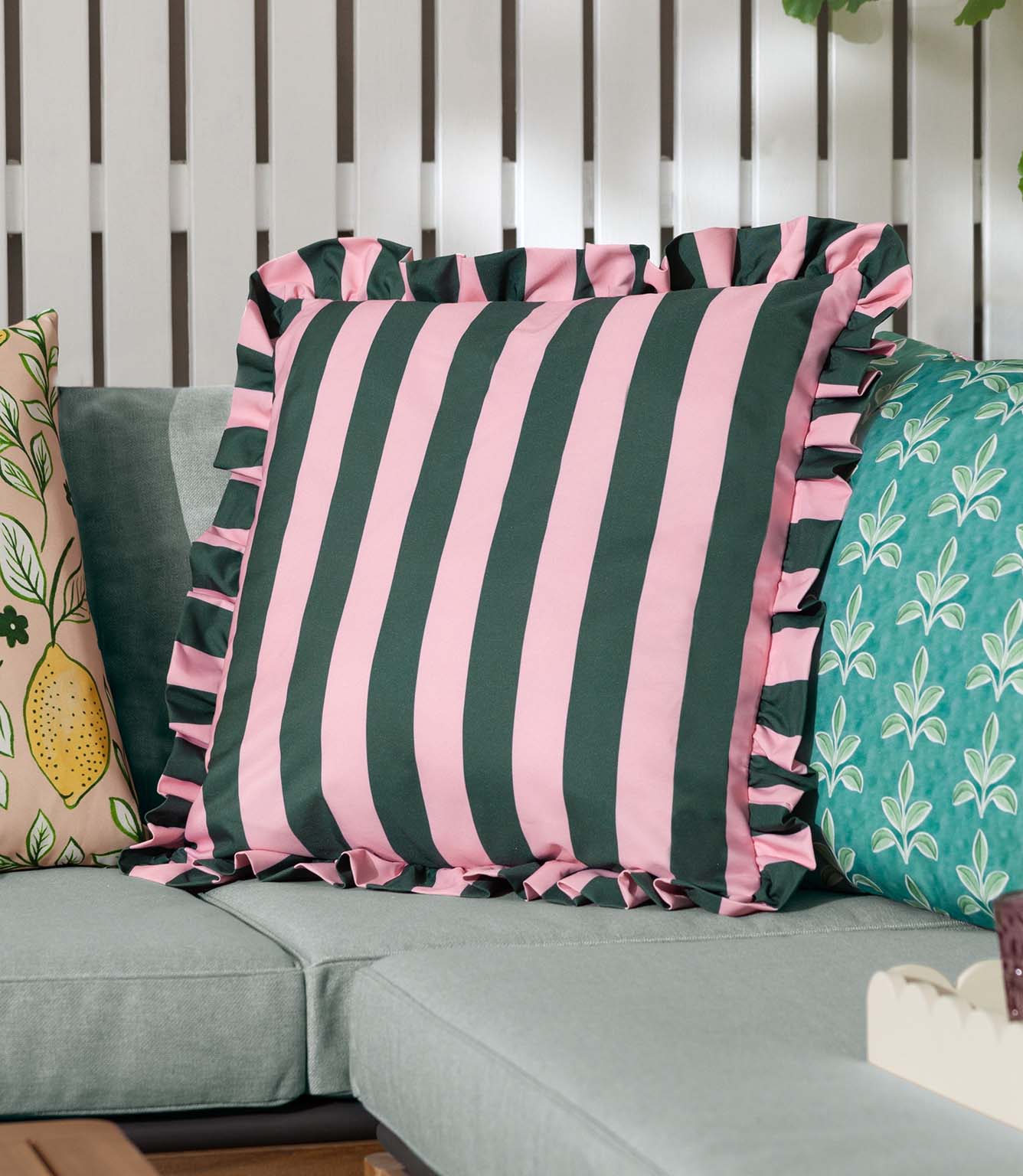 Palm Royale Stripe Ruffle Pink / Green Outdoor Cushion