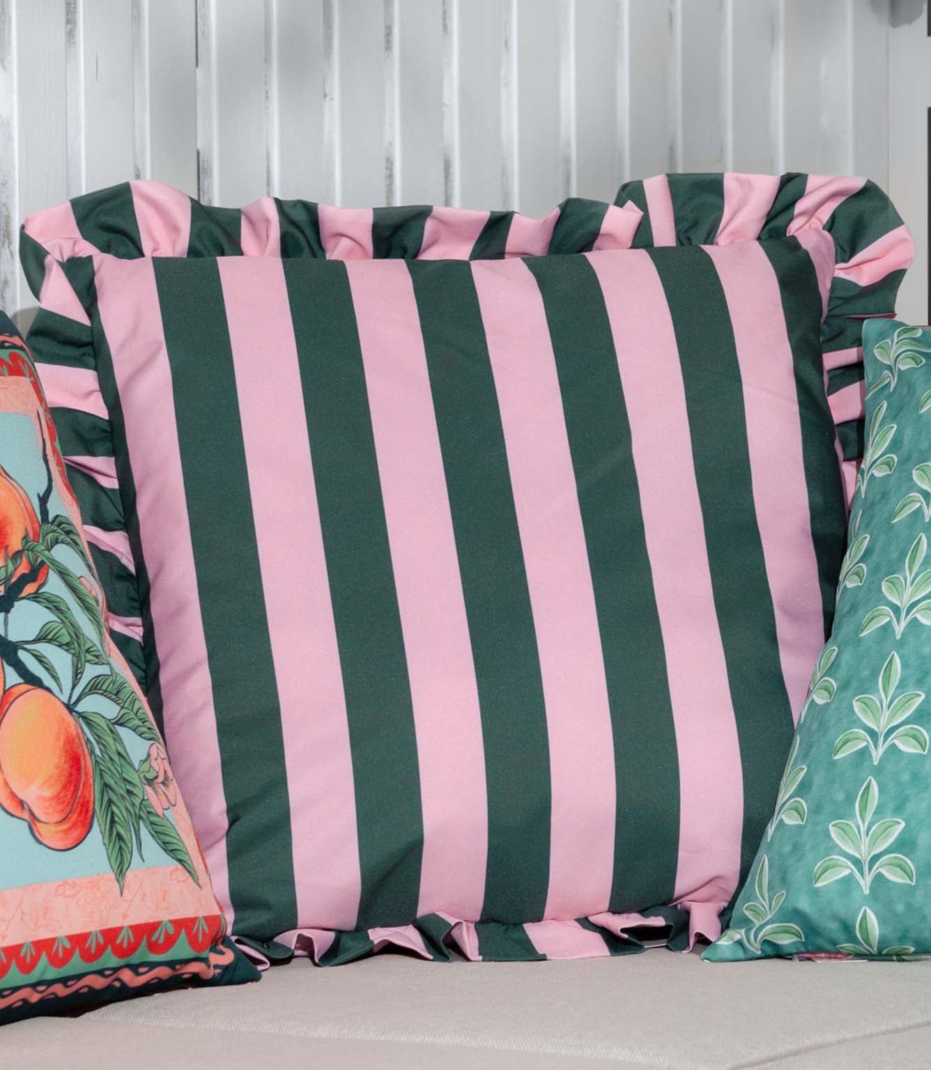 Palm Royale Stripe Ruffle Pink / Green Outdoor Cushion