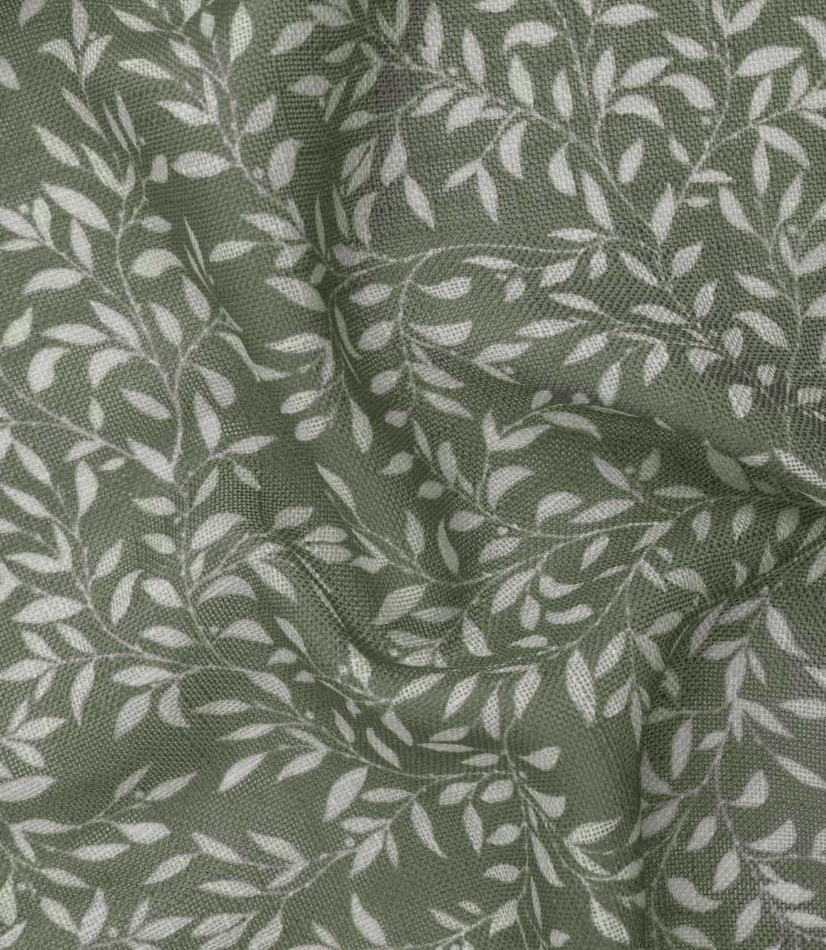 Detailed close-up of Perrie Leaf sheer fabric in forest green and soft white, showing the fine woven texture and repeating botanical leaf design.