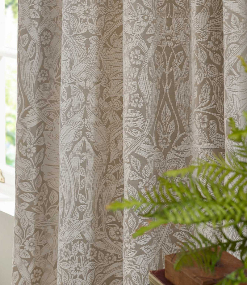 Close-up of Morris & Co Pimpernel jacquard curtain fabric in cream and warm beige, showing the intricate floral and scrolling leaf design beside a green fern.
