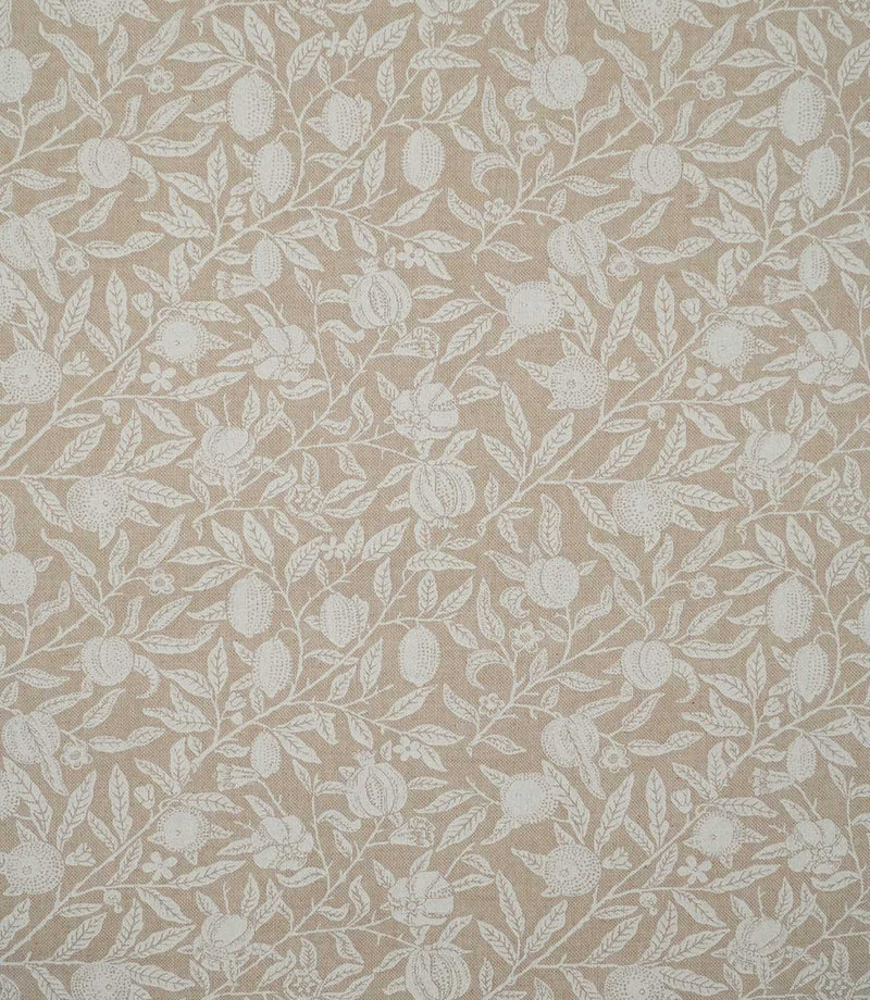 Pomegranate Linen Look William Morris fabric in natural beige and warm cream, showing the full repeating pomegranate, floral and foliage pattern