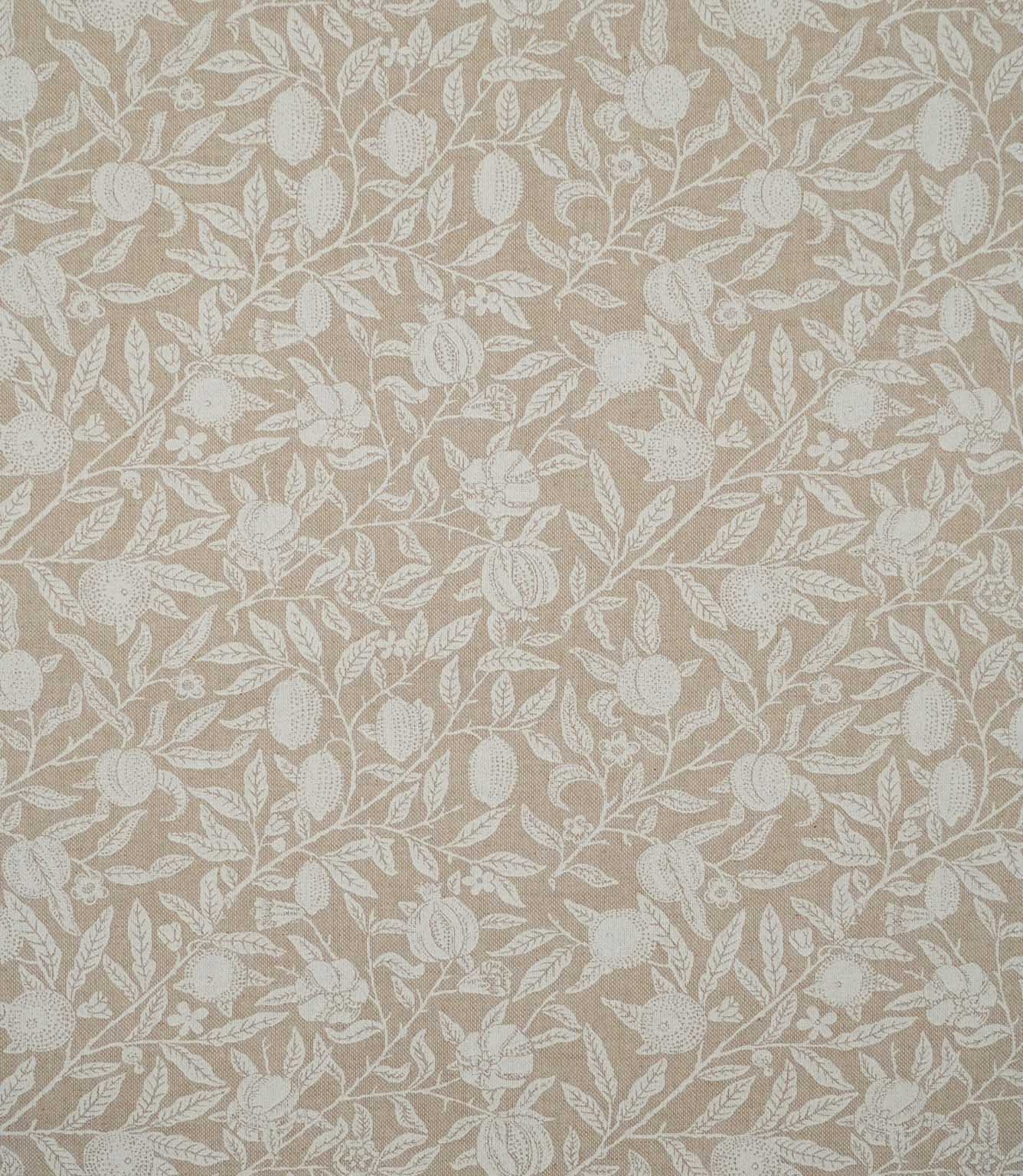 Pomegranate Linen Look William Morris fabric in natural beige and warm cream, showing the full repeating pomegranate, floral and foliage pattern