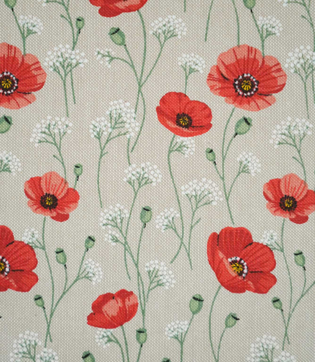 Close-up of Poppy Trail Red fabric showing detailed red poppy flowers with dark centres, soft coral petals, green seed pods and delicate white meadow flowers.
