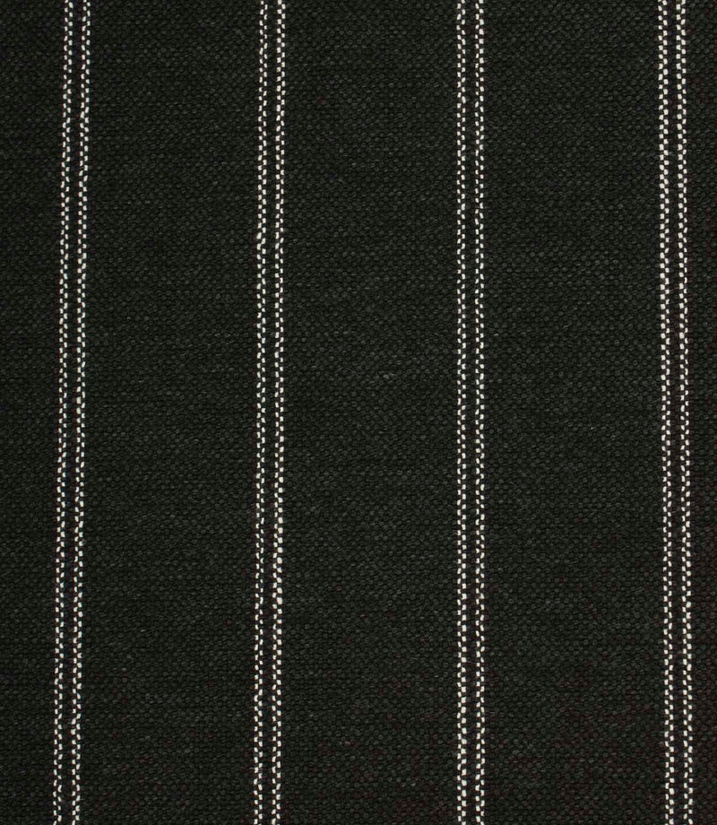Black woven striped upholstery fabric with fine white stitched vertical lines on a textured weave background.