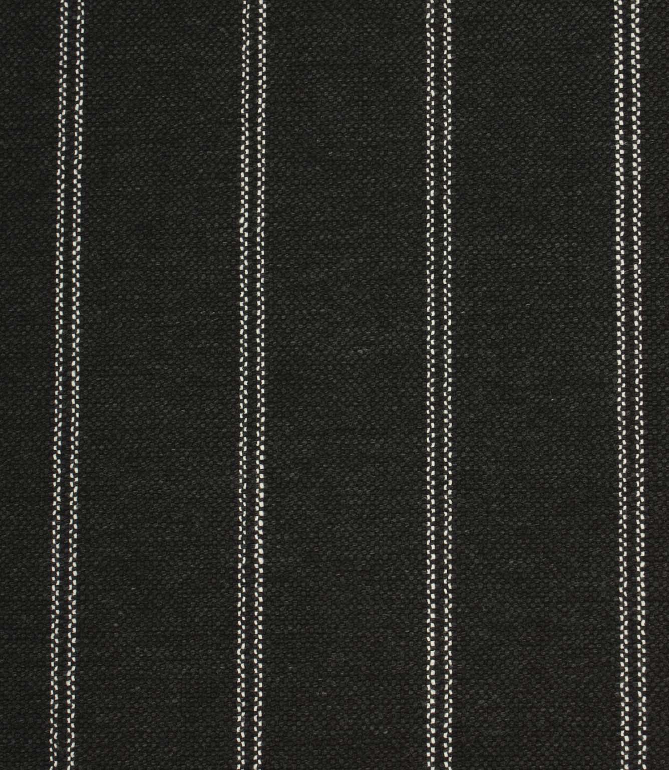 Black woven striped upholstery fabric with fine white stitched vertical lines on a textured weave background.