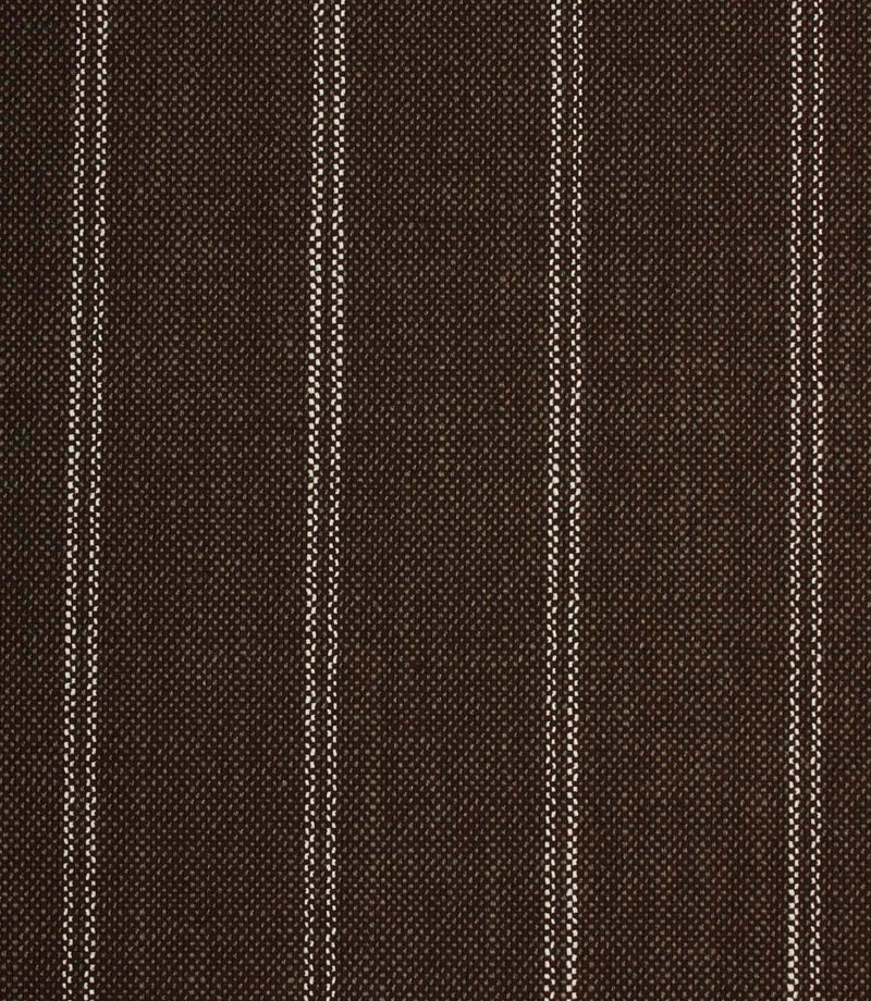 Coffee brown woven striped upholstery fabric with fine white stitched vertical lines and a textured weave finish.