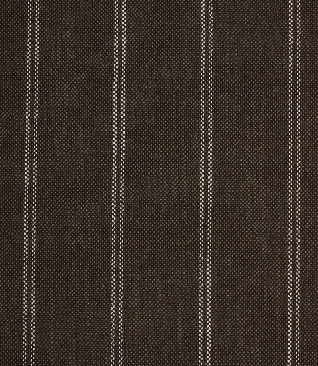 Coffee brown woven striped upholstery fabric with fine white stitched vertical lines and a textured weave finish.