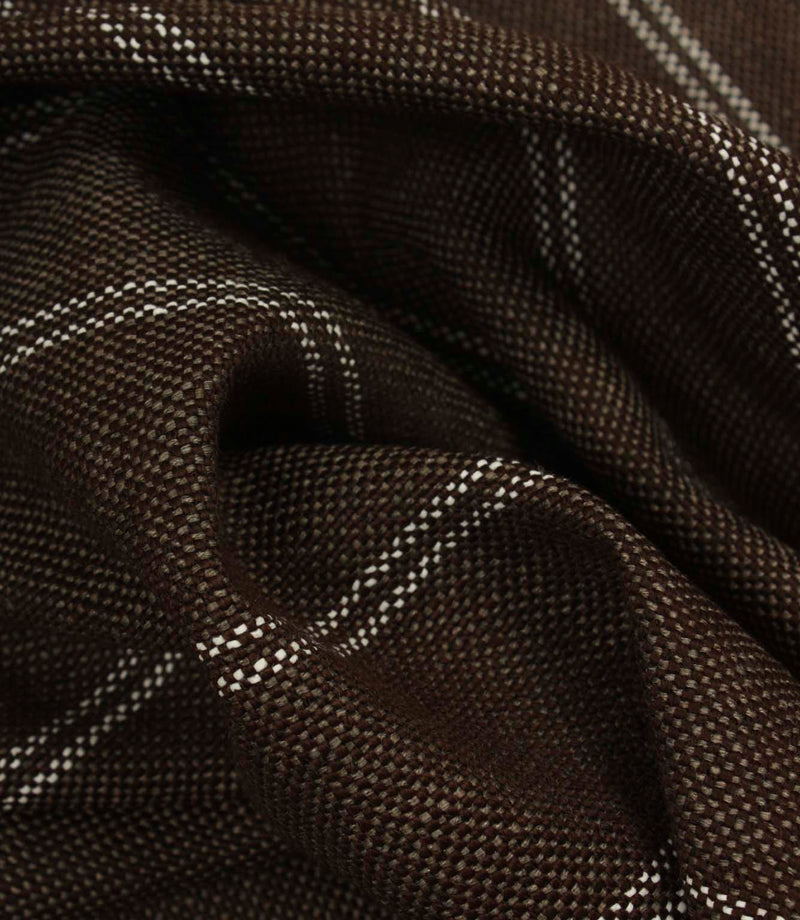 Draped coffee brown woven fabric with delicate white stripe pattern and soft structured folds.