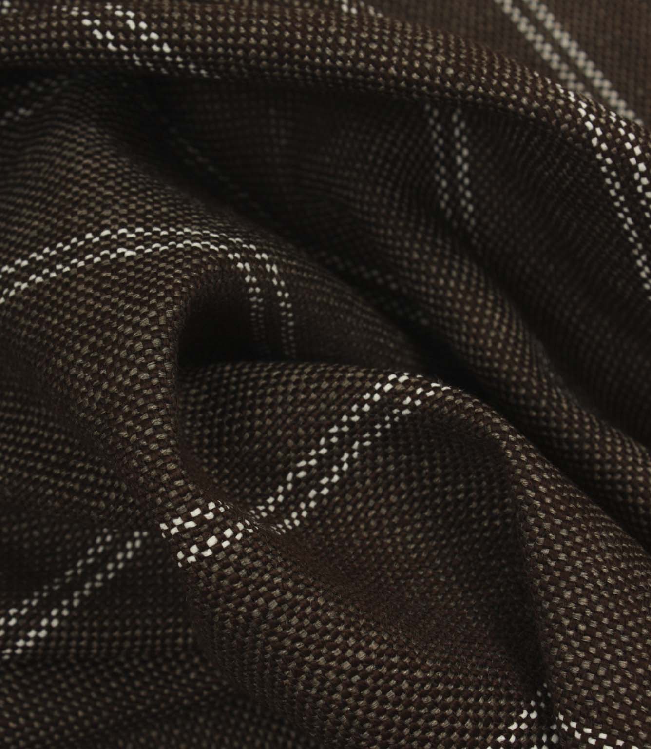 Draped coffee brown woven fabric with delicate white stripe pattern and soft structured folds.