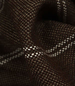 Macro detail of coffee brown upholstery fabric highlighting the textured weave and subtle white stitched stripes.