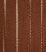 Copper brown woven striped upholstery fabric with fine cream stitched vertical lines and a textured weave finish.