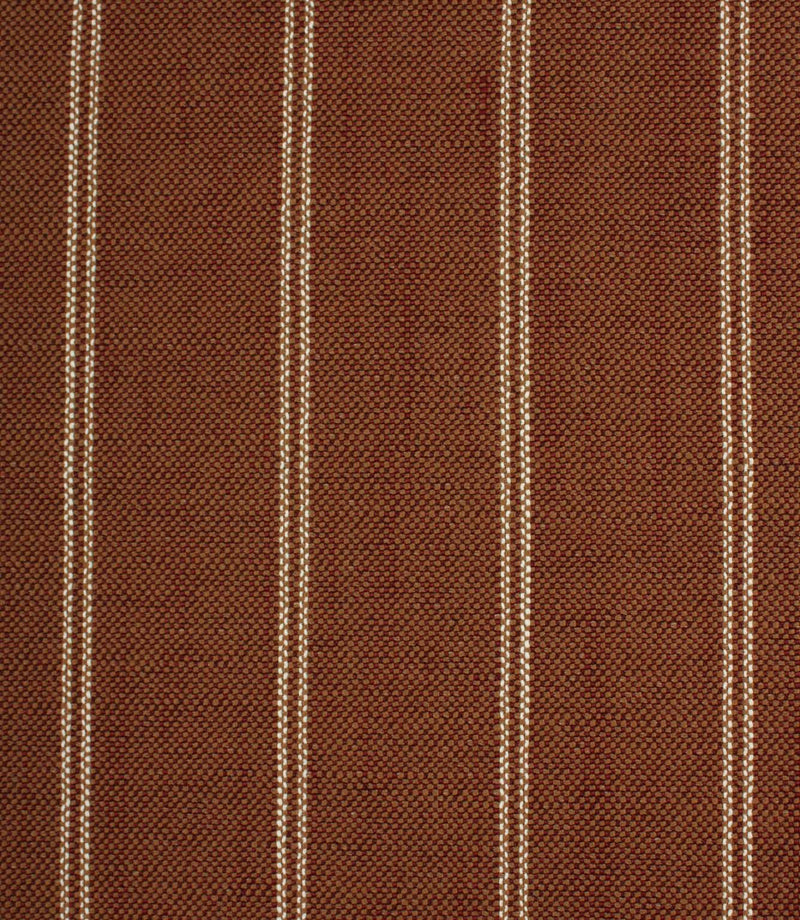 Copper brown woven striped upholstery fabric with fine cream stitched vertical lines and a textured weave finish.