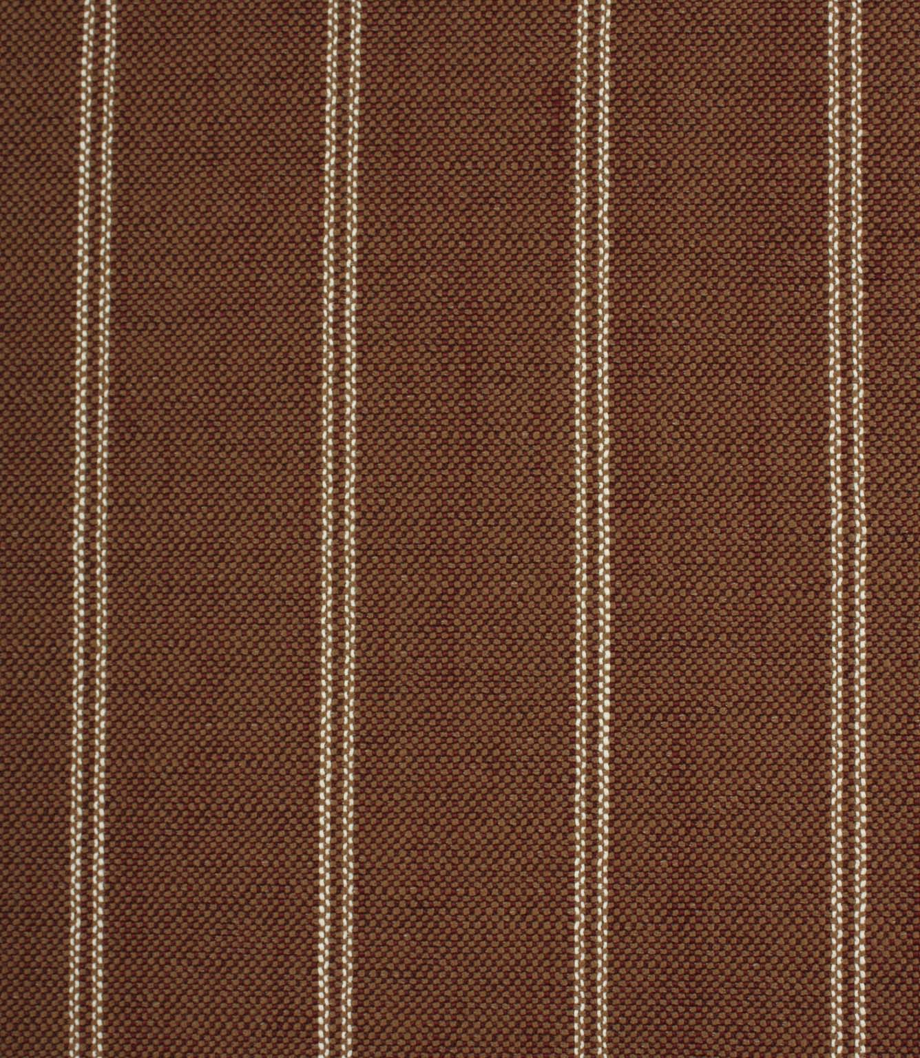 Copper brown woven striped upholstery fabric with fine cream stitched vertical lines and a textured weave finish.