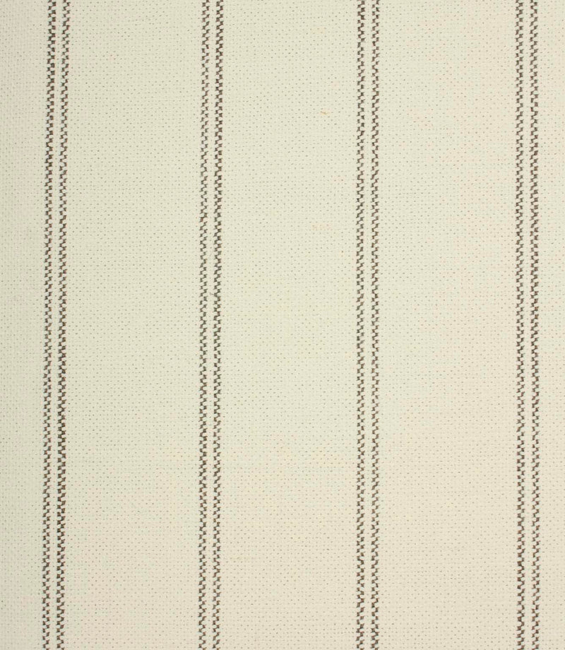 Ecru woven striped upholstery fabric with fine grey stitched vertical lines and a soft textured weave finish.
