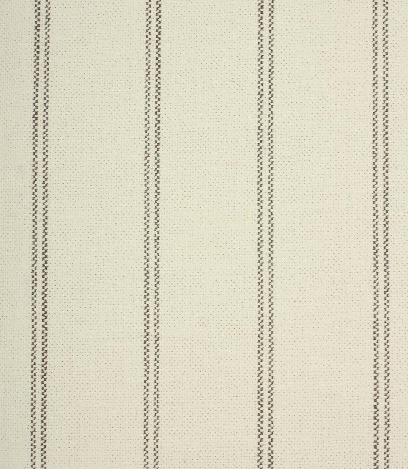 Ecru woven striped upholstery fabric with fine grey stitched vertical lines and a soft textured weave finish.