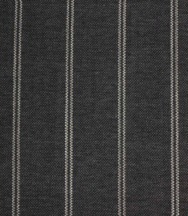 Ink blue woven striped upholstery fabric with fine white stitched vertical lines and a textured weave finish.