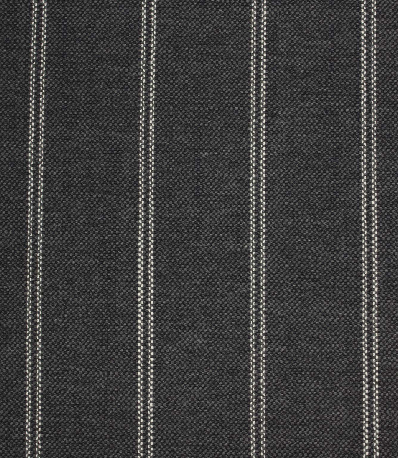Ink blue woven striped upholstery fabric with fine white stitched vertical lines and a textured weave finish.