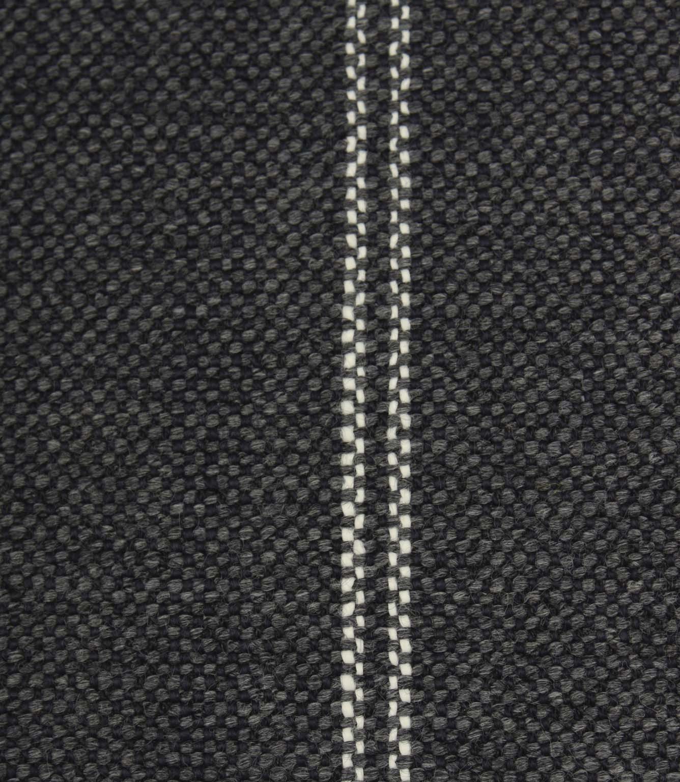 Close-up detail of ink blue textured fabric featuring narrow white stitched stripe detailing.