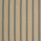 Beige woven stripe fabric with narrow blue ticking stripes in a classic vertical repeat pattern.