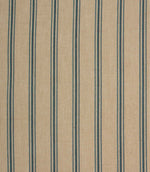 Beige woven stripe fabric with narrow blue ticking stripes in a classic vertical repeat pattern.