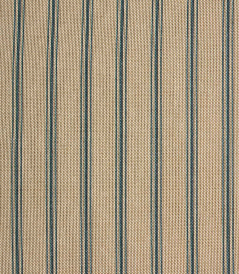 Beige woven stripe fabric with narrow blue ticking stripes in a classic vertical repeat pattern.