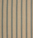 Beige woven stripe fabric with narrow blue ticking stripes in a classic vertical repeat pattern.