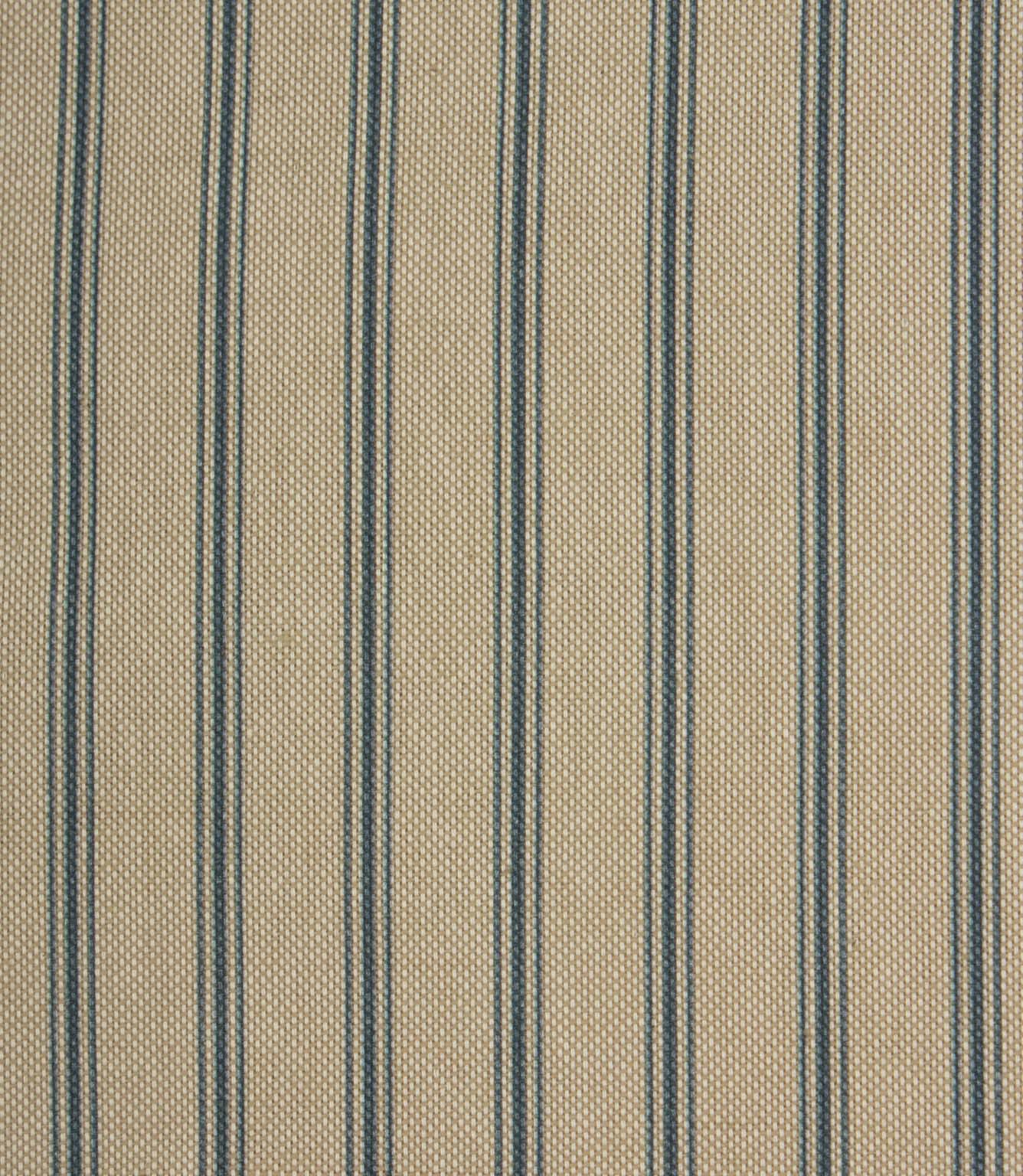 Beige woven stripe fabric with narrow blue ticking stripes in a classic vertical repeat pattern.