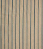 Full repeat view of neutral striped upholstery fabric featuring fine blue pinstripes on a textured beige weave.
