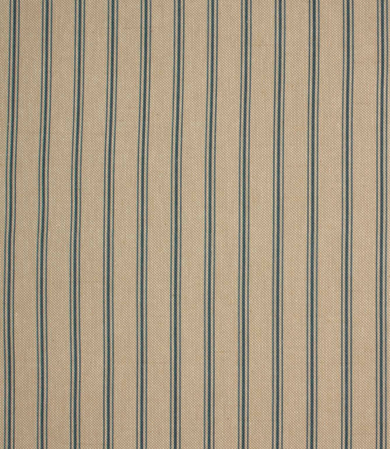 Full repeat view of neutral striped upholstery fabric featuring fine blue pinstripes on a textured beige weave.