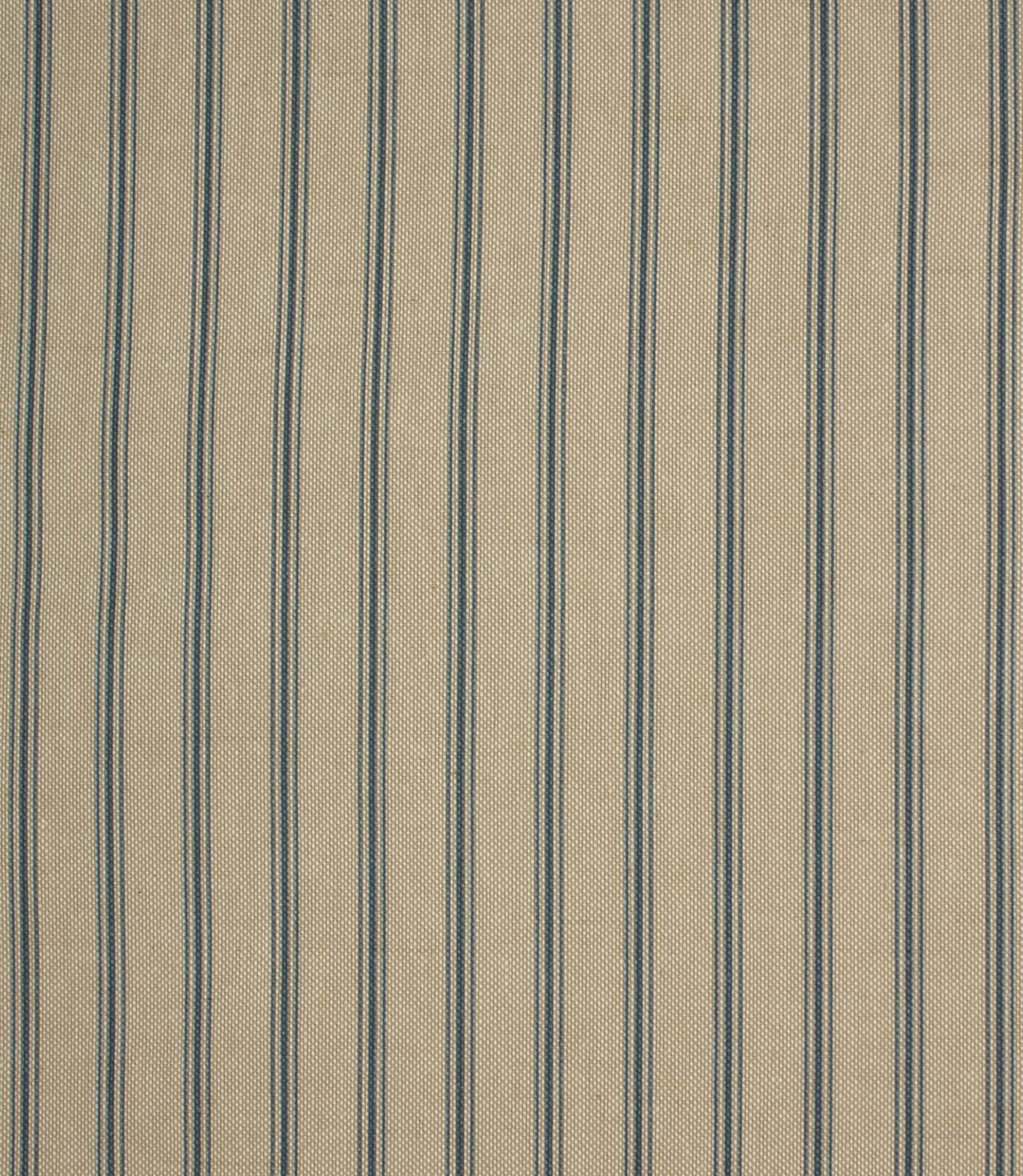 Full repeat view of neutral striped upholstery fabric featuring fine blue pinstripes on a textured beige weave.