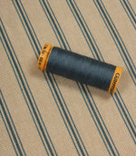 Blue striped fabric shown with coordinating blue thread spool to highlight colour matching and woven texture.