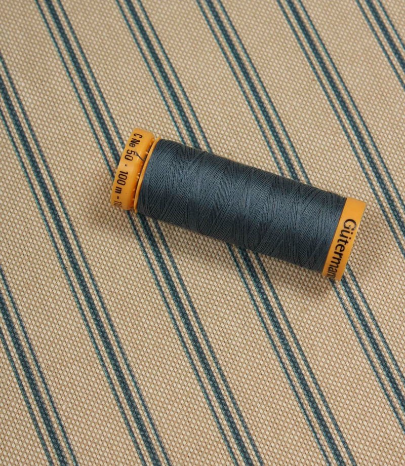 Blue striped fabric shown with coordinating blue thread spool to highlight colour matching and woven texture.