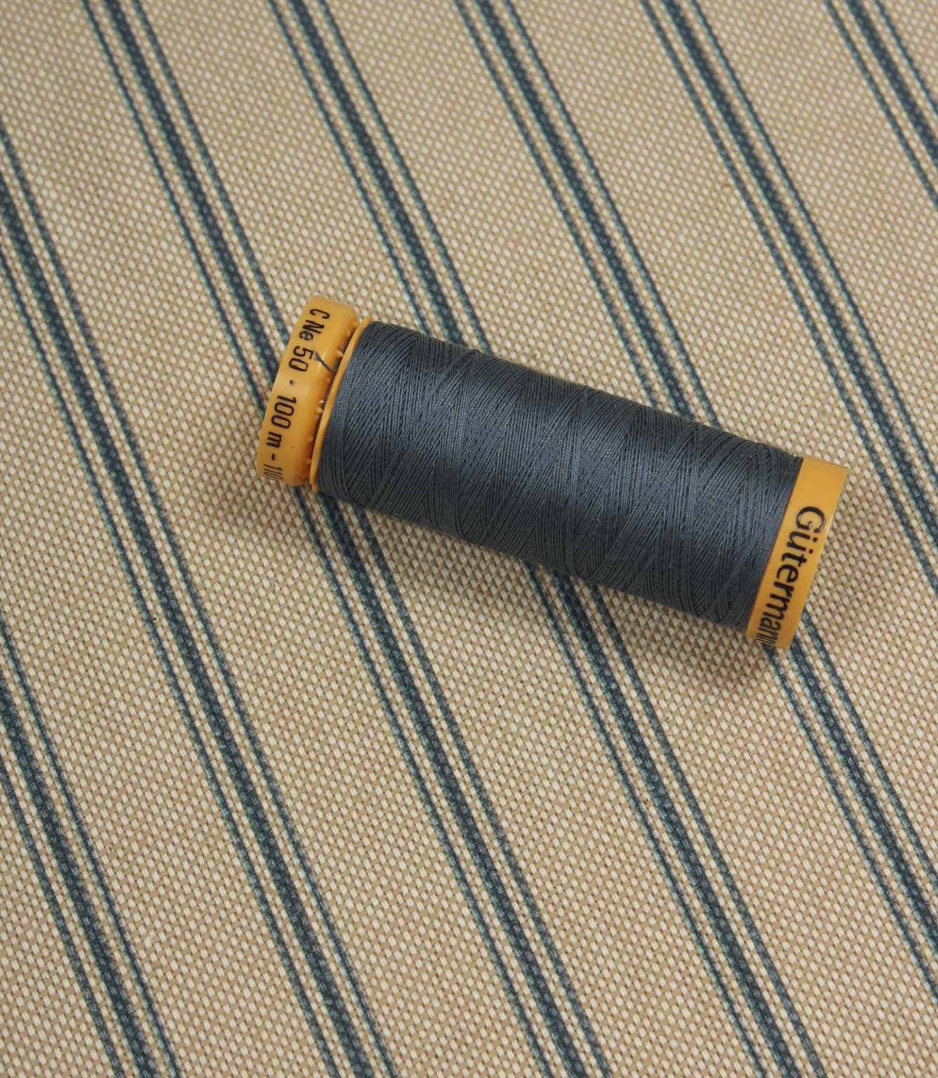 Blue striped fabric shown with coordinating blue thread spool to highlight colour matching and woven texture.