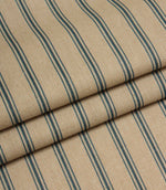 Folded beige and blue striped fabric displaying the regular stripe pattern and durable woven finish.