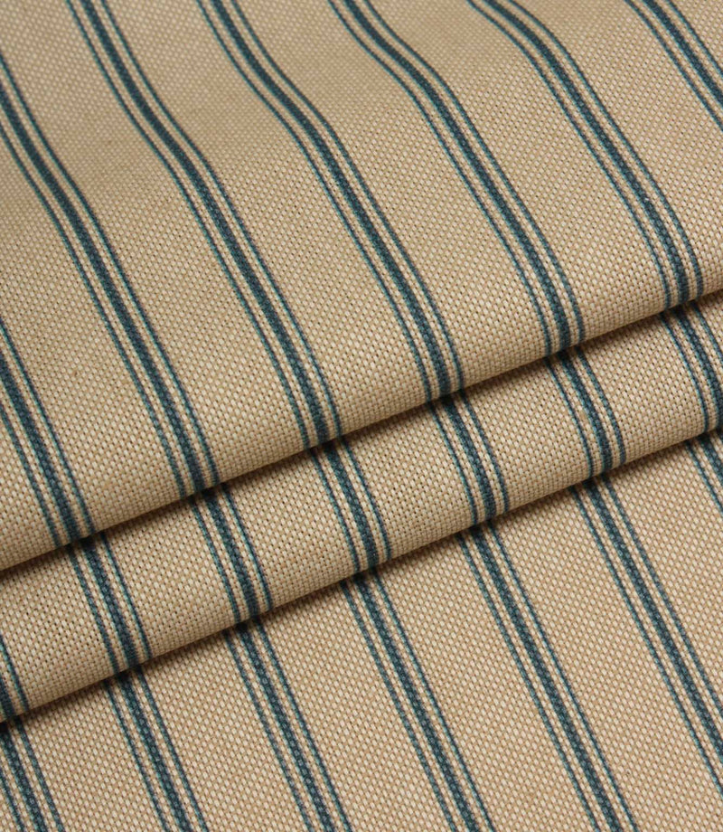 Folded beige and blue striped fabric displaying the regular stripe pattern and durable woven finish.