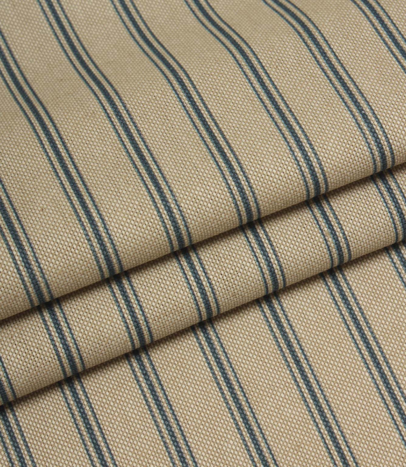 Folded beige and blue striped fabric displaying the regular stripe pattern and durable woven finish.