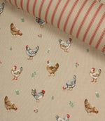 Farmhouse chicken print fabric paired with coordinating red striped fabric, showcasing rustic country-inspired styling on a neutral beige base.