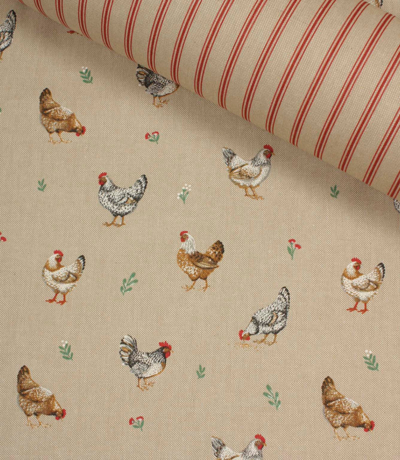 Farmhouse chicken print fabric paired with coordinating red striped fabric, showcasing rustic country-inspired styling on a neutral beige base.