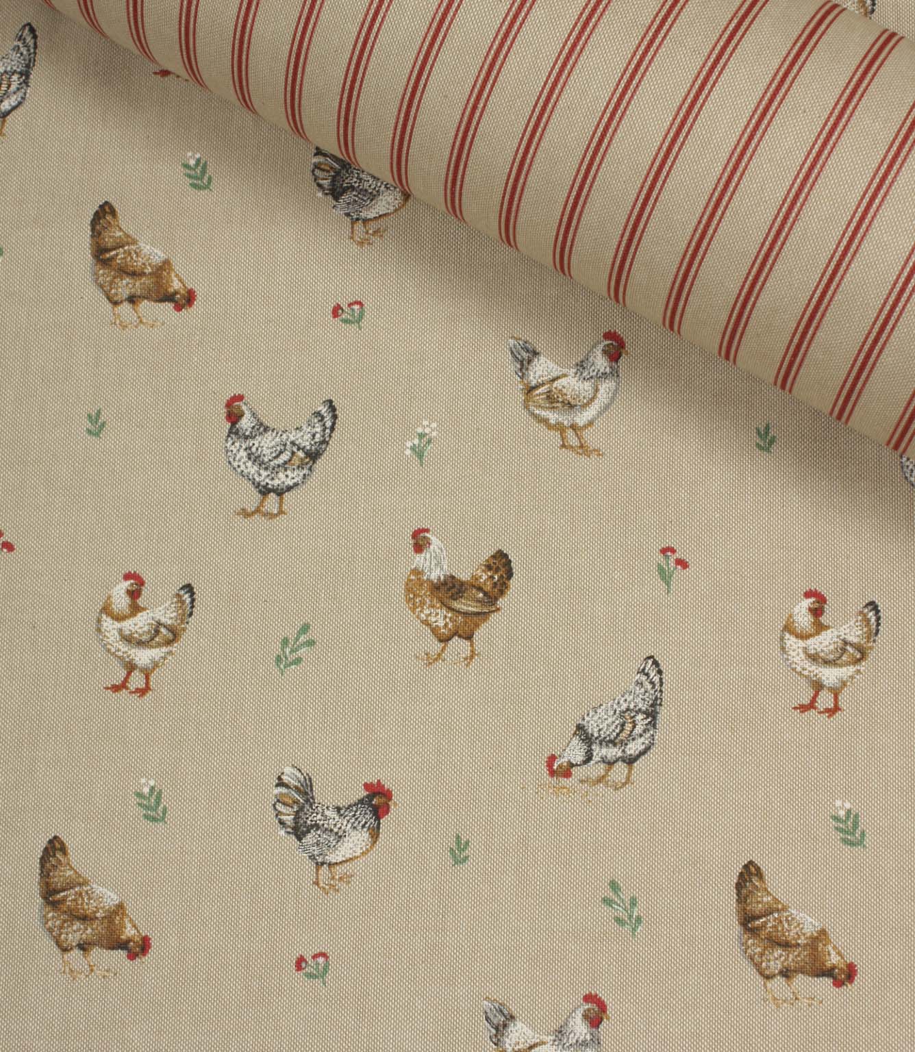 Farmhouse chicken print fabric paired with coordinating red striped fabric, showcasing rustic country-inspired styling on a neutral beige base.