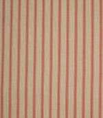 Beige woven fabric with narrow red ticking stripes in a traditional vertical stripe repeat design.