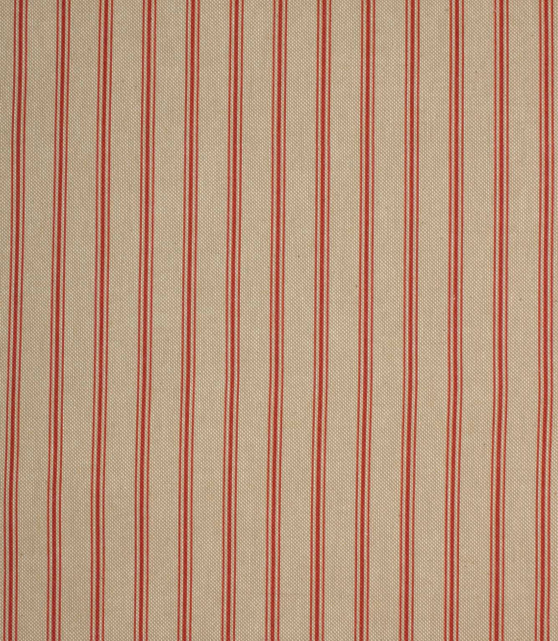 Beige woven fabric with narrow red ticking stripes in a traditional vertical stripe repeat design.