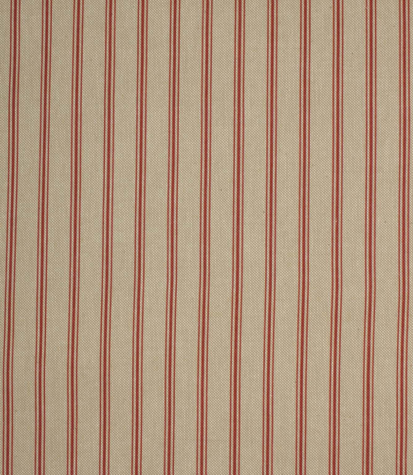 Beige woven fabric with narrow red ticking stripes in a traditional vertical stripe repeat design.