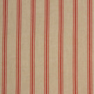 Close-up of red striped fabric with textured beige weave and evenly spaced fine vertical stripes.